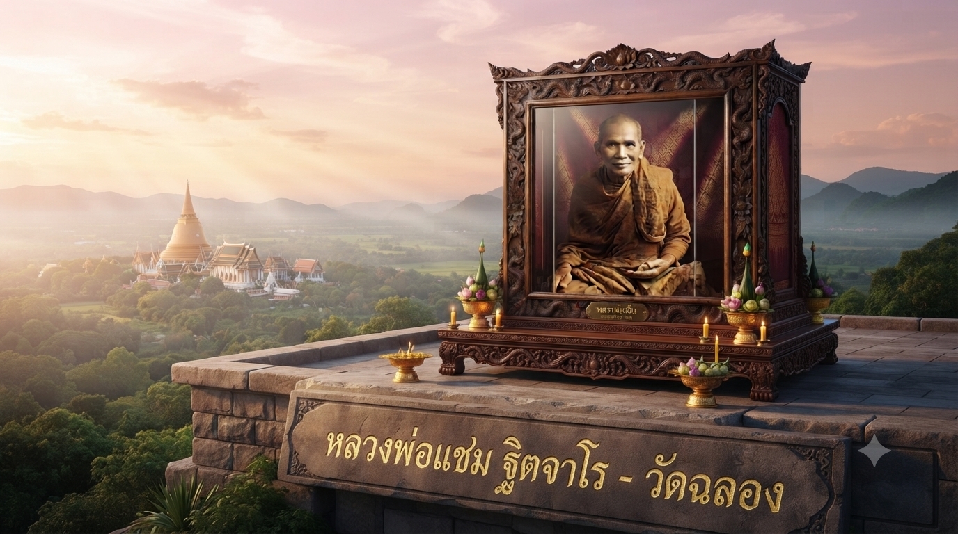 Portrait of Luang Pho Chaem of Wat Chalong, the revered Buddhist monk of Phuket known for his compassion, leadership, and sacred amulets.
