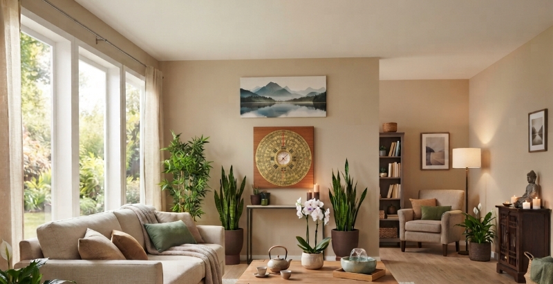 A beautifully organized Feng Shui wealth corner featuring healthy green plants, natural wood furniture, soft lighting, and symbolic décor.