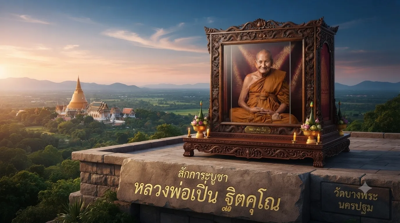 Portrait of Luang Phor Pern Thitakuno of Wat Bang Phra, the revered Thai Buddhist monk and legendary master of the Sak Yant sacred tattoo tradition.