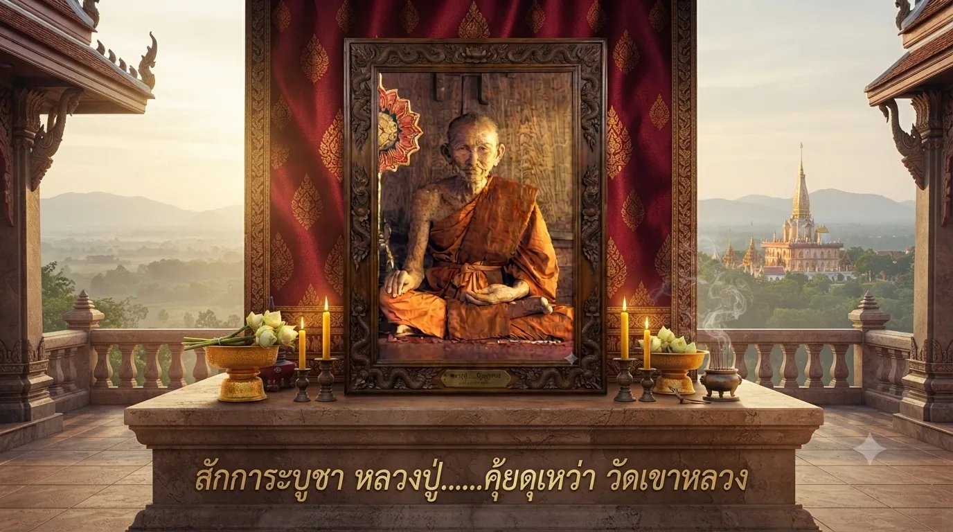 Portrait of Luang Pu Suk of Wat Pak Khlong Makham Thao, the legendary Thai Buddhist monk known for meditation, Wicha Akom, and sacred amulets.