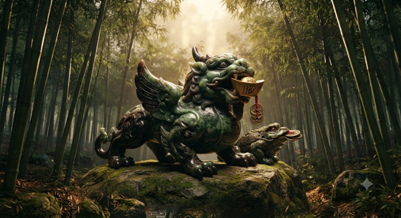 Golden Pixiu Feng Shui statue placed with coins and wealth symbols in a traditional prosperity setting.