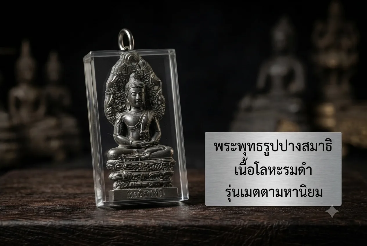 Devotee wearing a Thai Buddhist amulet respectfully for spiritual protection and blessings
