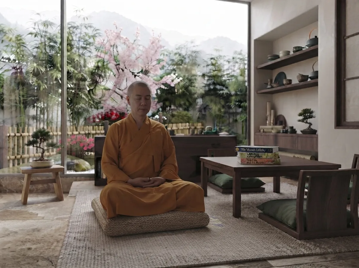 Thai monk meditating peacefully during a Buddhist meditation retreat at a temple