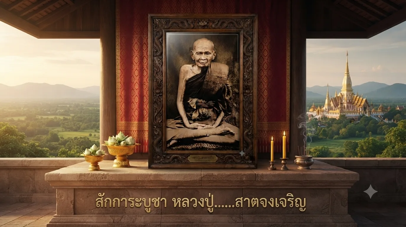Portrait of Luang Phor Yiam of Wat Nang Ratchaworawihan, the legendary Thai Buddhist monk renowned for Phra Pidta amulets, meditation practice, and sacred knowledge.
