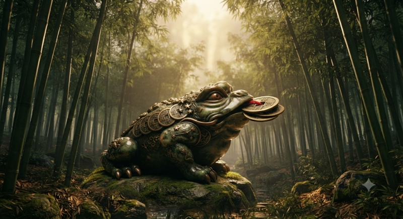 Traditional Three-Legged Money Frog Feng Shui statue with Chinese coins and wealth symbols.