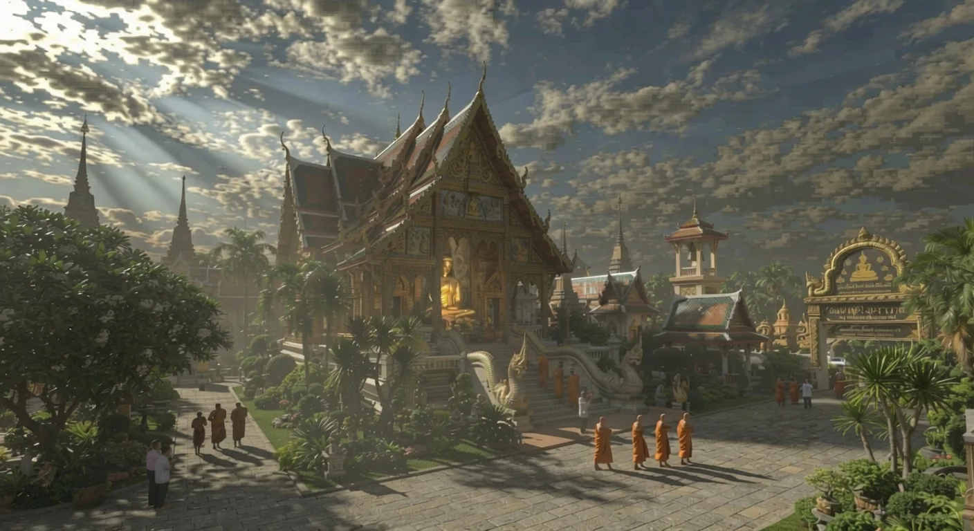 Historic Thai Buddhist temple in Thailand surrounded by traditional architecture and Buddhist cultural heritage