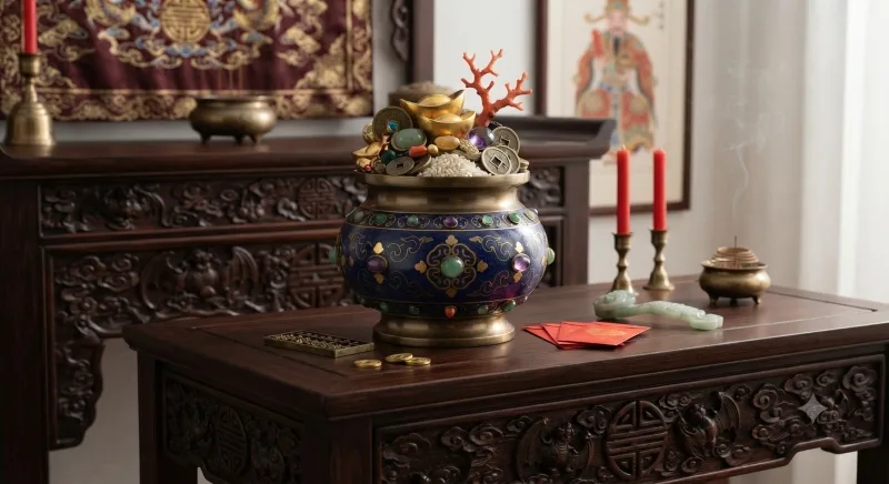 Traditional Feng Shui Wealth Vase decorated with Chinese symbols, coins, and prosperity ornaments.