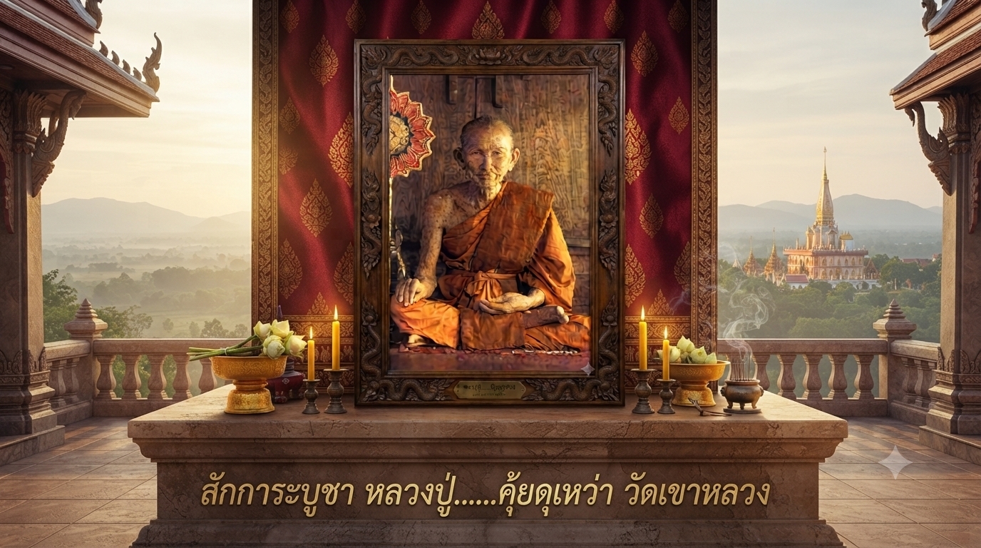 Portrait of Luang Pu Suk of Wat Pak Khlong Makham Thao, the legendary Thai Buddhist monk known for meditation, Wicha Akom, and sacred amulets.