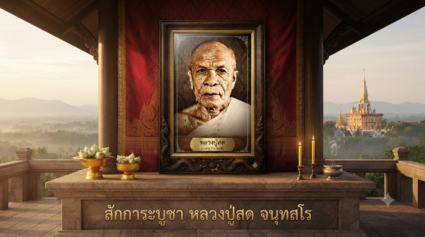 Portrait of Luang Pu Sodh Candasaro of Wat Paknam, the revered Thai Buddhist meditation master and founder of the Dhammakaya meditation tradition.