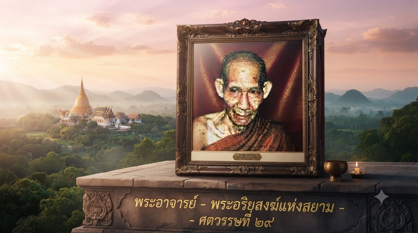 Portrait of Luang Por Kasem Khemako of Lampang, the revered Thai Buddhist meditation master known for his strict practice, wisdom, and sacred amulets.